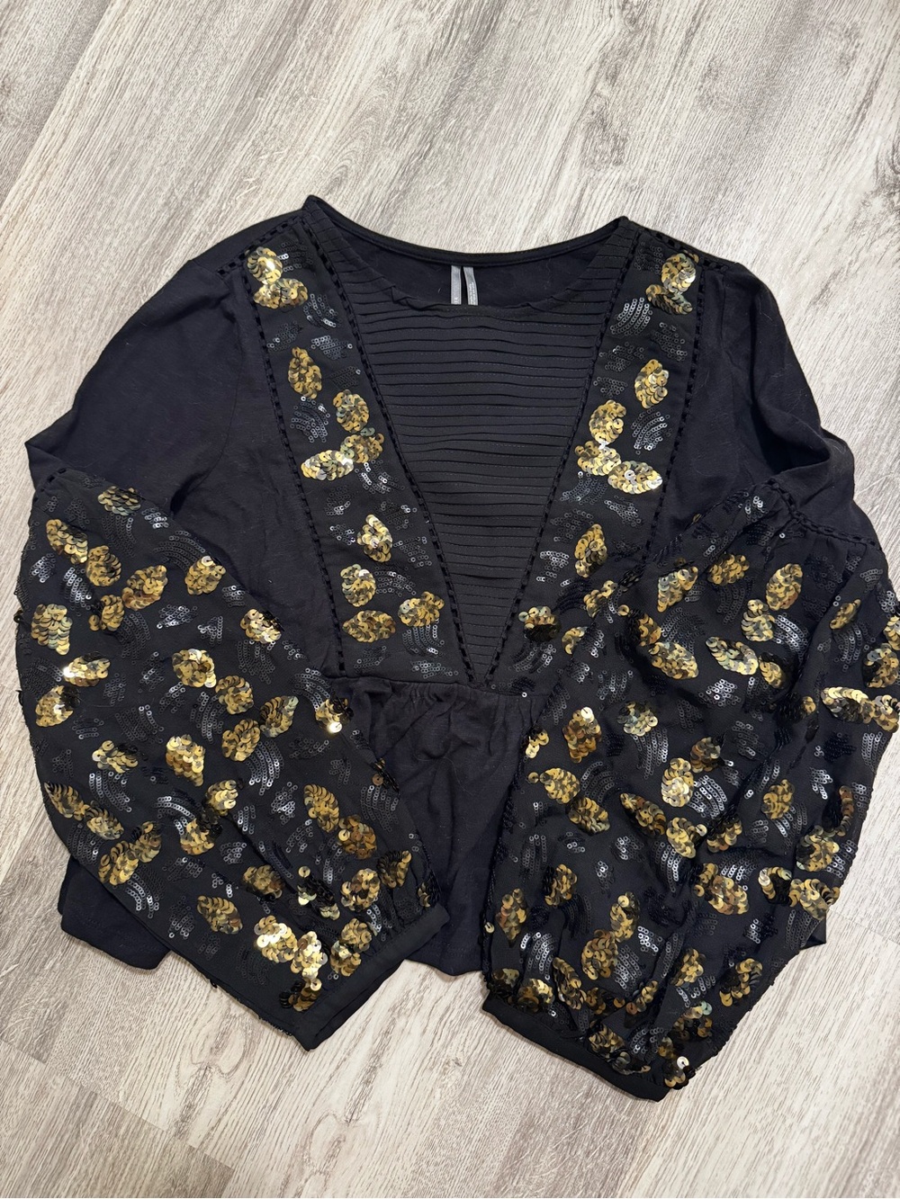 Boho glam maximalist Anthropologie Black Top with Gold Sequin Accents